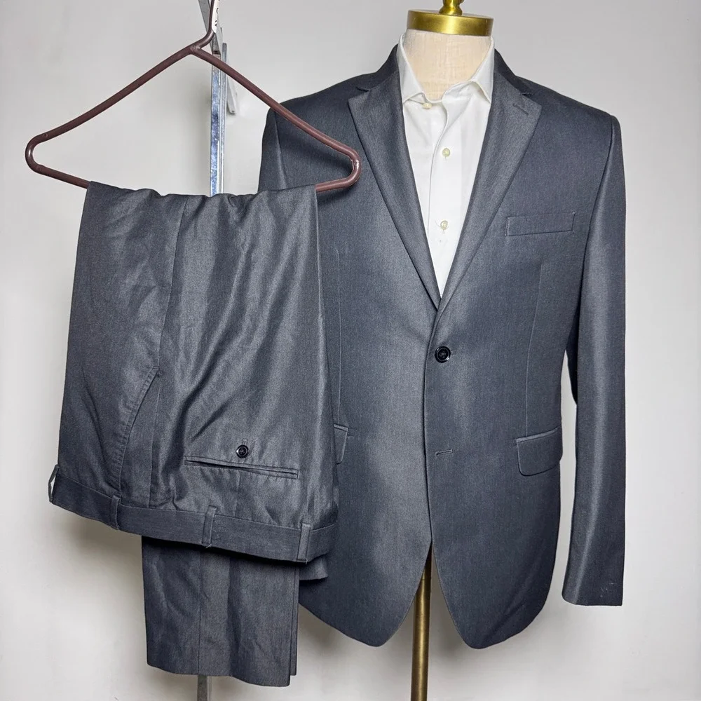 Perry Ellis‎ Portfolio Suit Mens 42R 35x30 Charcoal Gray Solid Slim Fit 2-Button